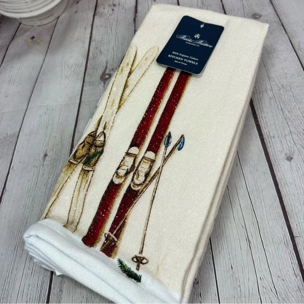 NWT Brooks Brothers cotton Kitchen Towel snow Ski Design winter cabin